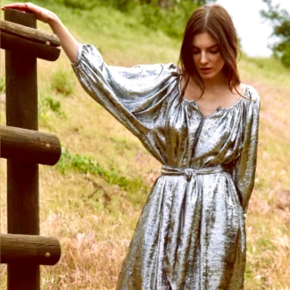 THE GREAT. Metallic Silver Long Sleeve Dress